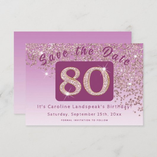 Glanzend Roos Gouden Glitter voor 80e Verjaardag Save The Date (Voorkant / Achterkant)