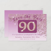 Glanzend Roos Gouden Glitter voor 90e Verjaardag Save The Date (Voorkant / Achterkant)