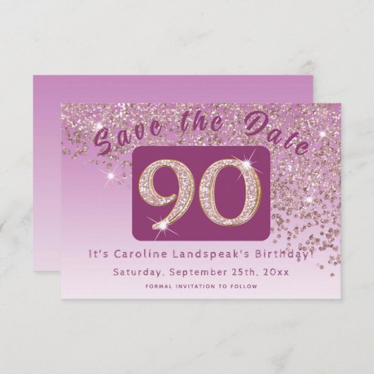 Glanzend Roos Gouden Glitter voor 90e Verjaardag Save The Date (Voorkant / Achterkant)