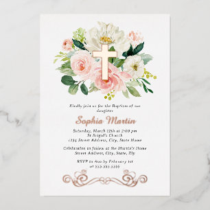 Glanzend Roos Gouden Kruis Bloemen Meisje Roze Doo Folie Uitnodiging