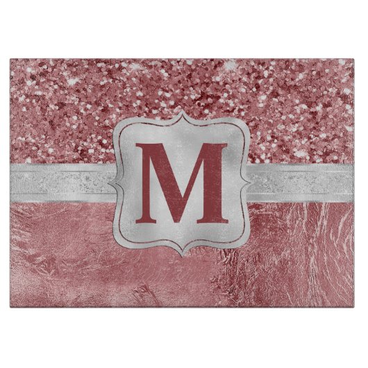 Glanzend Roze Folie en Glitter Monogram Snijplank (Voorkant)