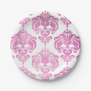 Glanzend Roze & Witte Damast Vintage Trouwfeest Papieren Bordje
