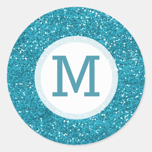 Glanzend Turkoois Blauw Glitter Monogram Ronde Sticker (Voorkant)