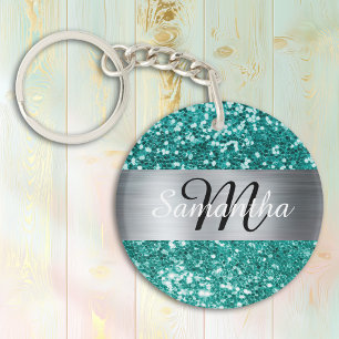 Glanzend Turquoise Glitter Zilveren Folie Monogram Sleutelhanger