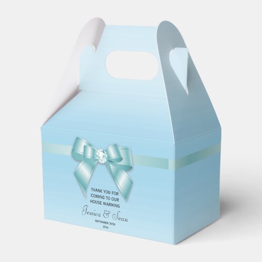 Glanzend Turquoise Lint & Lint Huis Verwarming Bedankdoosjes (Voorkant Zijde)
