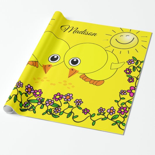 Glanzend wrappend papier, geelkip, zonnebloem cadeaupapier (Uitgerold)