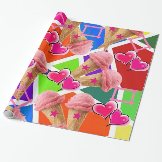 Glanzend wrapppapier, aardbeienijs cadeaupapier (Uitgerold)