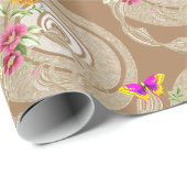 Glanzend wrapppapier, beige Floral Butterfly Cadeaupapier (Rol Hoek)