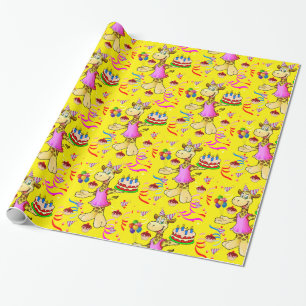 Glanzend wrapppapier, Giraffe Happy Birthday Cake Cadeaupapier