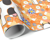 Glanzend wrapppapier, Oranje blauwe bloemen Koeien Cadeaupapier (Rol Hoek)
