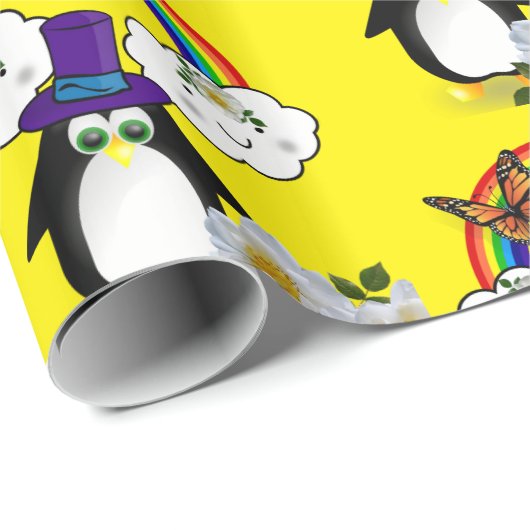 Glanzend wrapppapier, Penguin Rainbow Sun Clouds Cadeaupapier (Rol Hoek)