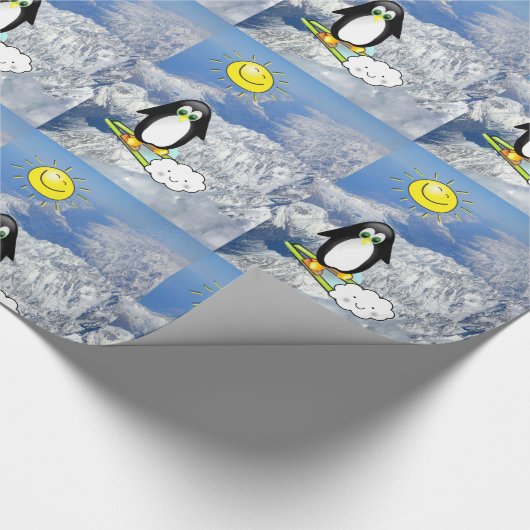 Glanzend wrapppapier, Penguin Skiing Mountains Cadeaupapier (Hoek)