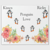 Glanzend wrapppapier, pinguïn Love Floral Cadeaupapier (Vlak)