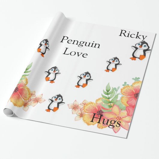 Glanzend wrapppapier, pinguïn Love Floral Cadeaupapier (Uitgerold)