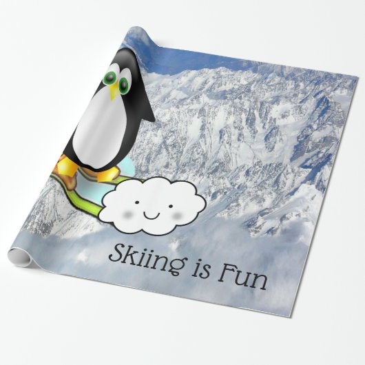 Glanzend wrapppapier, pinguïn Skiing is leuk Cadeaupapier (Uitgerold)