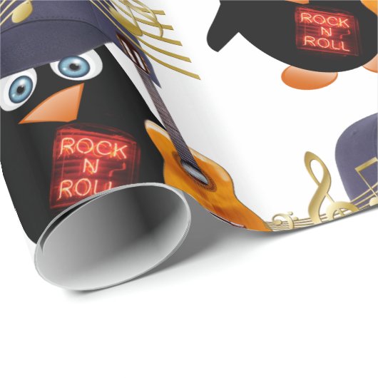 Glanzend wrapppapier, Rock in Roll Penguin Guitar Cadeaupapier (Rol Hoek)