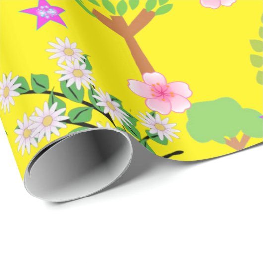 Glanzend wrapppapier, schapenbomen, geel cadeaupapier (Rol Hoek)