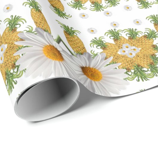 Glanzend wrapppapier Witte Daisy-ananassen Cadeaupapier (Rol Hoek)