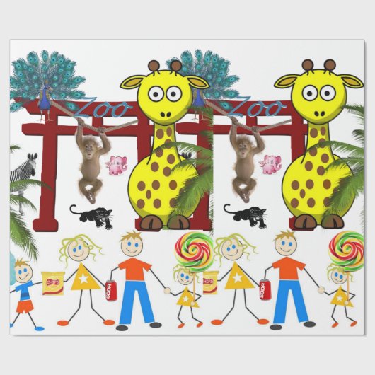 Glanzend wrapppapier, Zoo Giraffe-aap Cadeaupapier (Vlak)