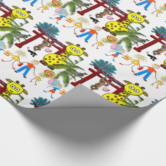 Glanzend wrapppapier, Zoo Monkey-Giraffe Cadeaupapier (Hoek)
