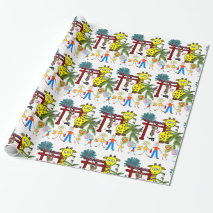 Glanzend wrapppapier, Zoo Monkey-Giraffe Cadeaupapier