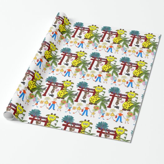 Glanzend wrapppapier, Zoo Monkey-Giraffe Cadeaupapier (Uitgerold)