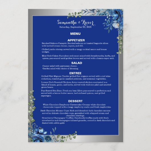 Glanzend Zilver, Blauwe Azuur Droom Diner Menu (Voorkant)