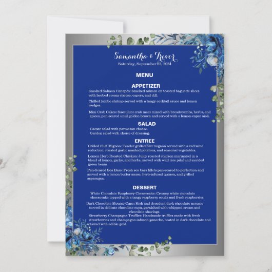 Glanzend Zilver, Blauwe Azuur Droom Diner Menu Kaart (Voorkant)