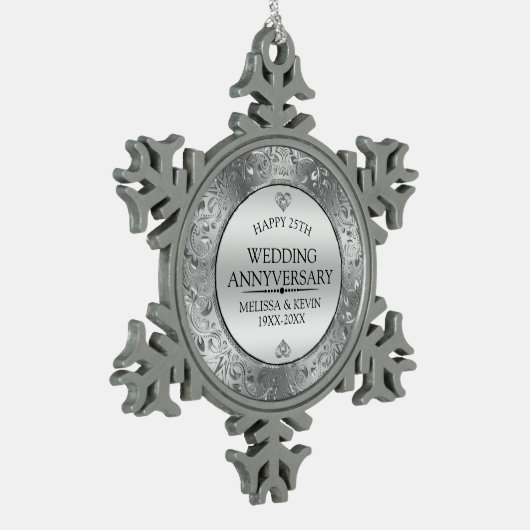 Glanzend zilver bloemig Lijst 25e bruiloft Jubileu Tin Sneeuwvlok Ornament (Links)