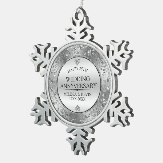 Glanzend zilver bloemig Lijst 25e bruiloft Jubileu Tin Sneeuwvlok Ornament (Rechts)