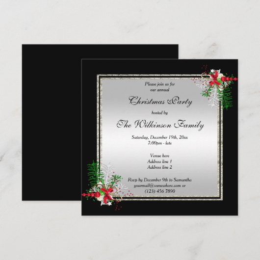 Glanzend Zilver & Zwart, Hoek Decoraties Kerstmis Kaart (Voorkant / Achterkant)