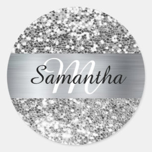 Glanzend Zilveren Glitter Schitterend Monogram Ronde Sticker