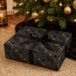 Glanzend zwart goud vrolijk kerstfeest gelukkig ni cadeaupapier