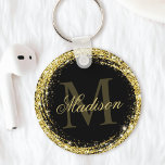 Glanzend zwart gouden glinsterend monogram naam sleutelhanger<br><div class="desc">Personaliseer gemakkelijk deze luxe glanzende gouden glinsterende sleutelhanger met jouw naam en monogram.</div>