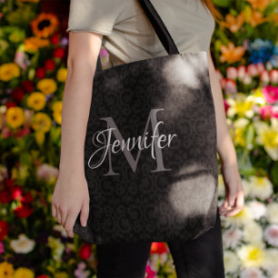 Glanzend zwart grijs en wit monogram tote bag