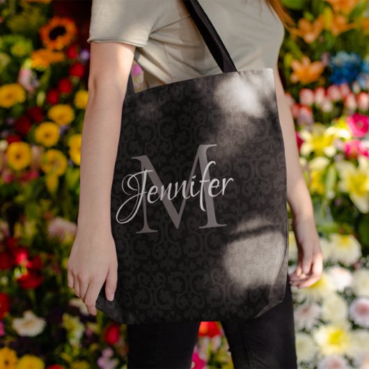 Glanzend zwart grijs en wit monogram tote bag