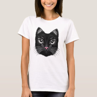 Glanzend Zwart Kat Gezicht T-shirt