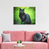 Glanzend zwart Kat op gras Canvas Afdruk (Insitu (Woonkamer))