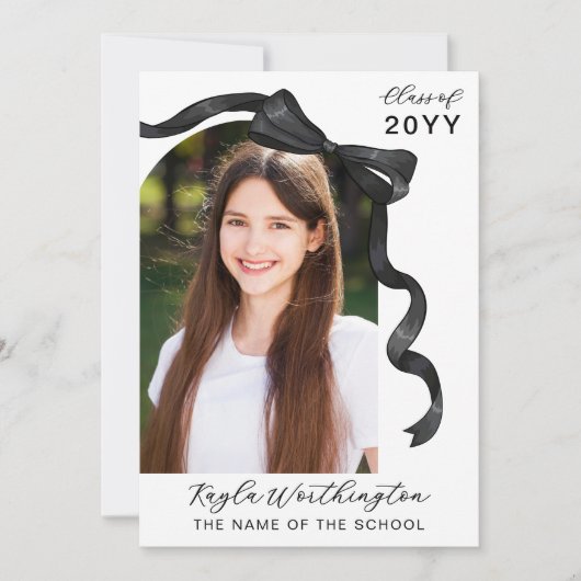 Glanzend zwart lint boog boog boog foto Afstuderen Kaart (Voorkant)