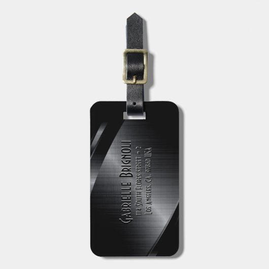 Glanzend zwart metaal geborsteld aluminium look bagagelabel (Voorkant verticaal)