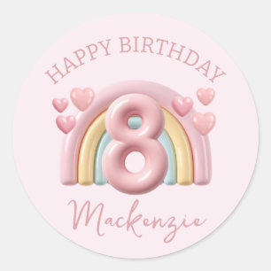 Glanzende 3D Regenboog 8e Verjaardag Meisje op Roz Ronde Sticker