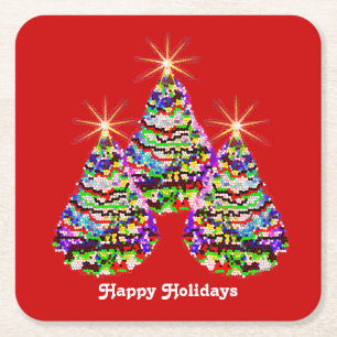 Glanzende abstracte kerstbomen ontwerp op rood kartonnen onderzetters