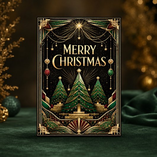 Glanzende Art Deco Kerstbomen Feestdagen Kaart