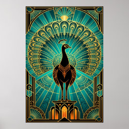 Glanzende Art Deco Pauw Turquoise & Goud Poster