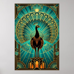 Glanzende Art Deco Pauw Turquoise & Goud Poster