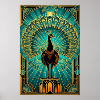 Glanzende Art Deco Pauw Turquoise & Goud Poster