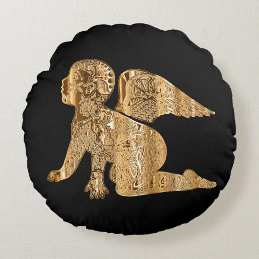 Glanzende Baby Engelenvleugels Zwart Gouden Engela Rond Kussen (Voorkant)