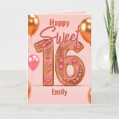 Glanzende ballonnen Glitter Pink en Gold Sweet 16 Kaart (Voorkant)