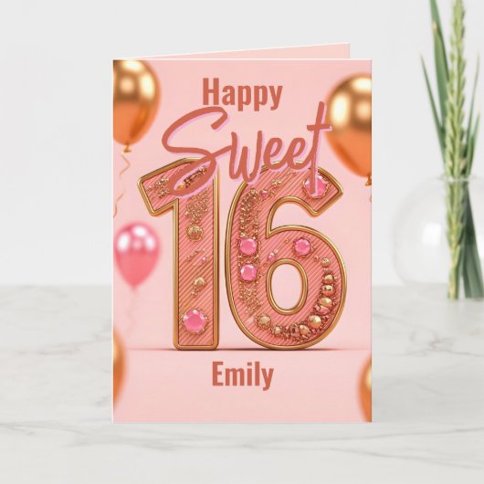 Glanzende ballonnen Glitter Pink en Gold Sweet 16 Kaart (Voorkant)