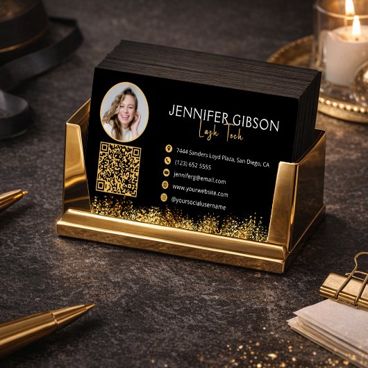 Glanzende Black & Gold Wimperverlengings QR-code Visitekaartje